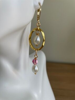 HAND CRAFTED FAUX PEARL & ROSE SWAROVSKI CRYSTAL DROP EARRINGS Special Occasion